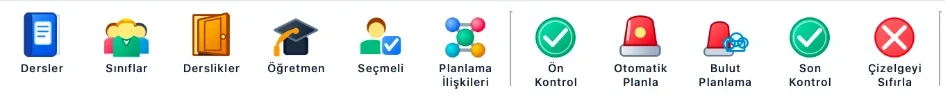 Chenkron araç çubuğu: Dersler, Sınıflar, Derslikler, Öğretmen, Seçmeli, Planlama İlişkileri, Ön Kontrol, Otomatik Planla, Bulut Planlama, Son Kontrol, Çizelgeyi Sıfırla